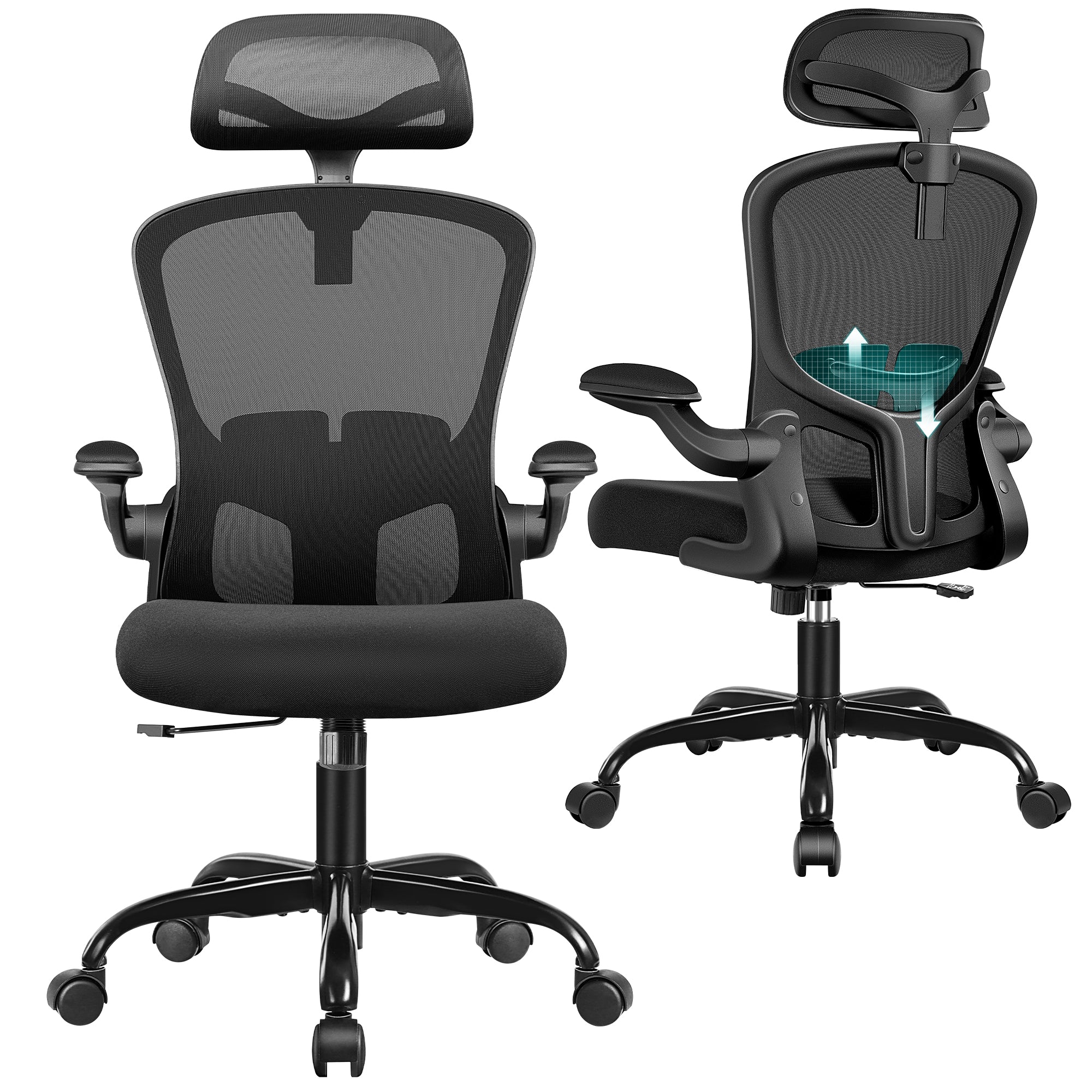 Office Chair Ergonomic Desk Chair with Headrest, High Back Computer with Adjustable Lumbar Support and Wheels,Executive Swivel Comfy with flip-up Armrests for Home Office
