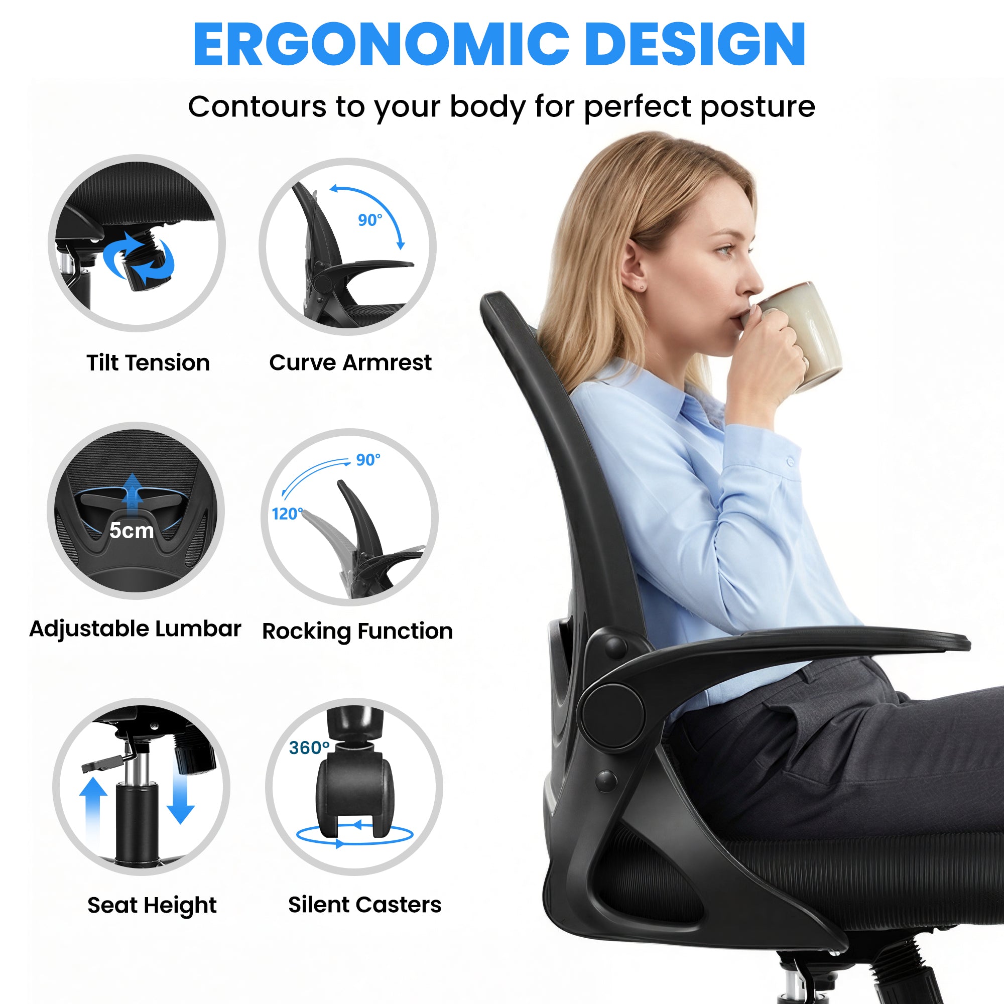 Office Chair Ergonomic Desk Chair with Flip up Armrests Swivel Breathable Desk Mesh Computer Chair with Adjustable Lumbar Support and Height for Conference Room