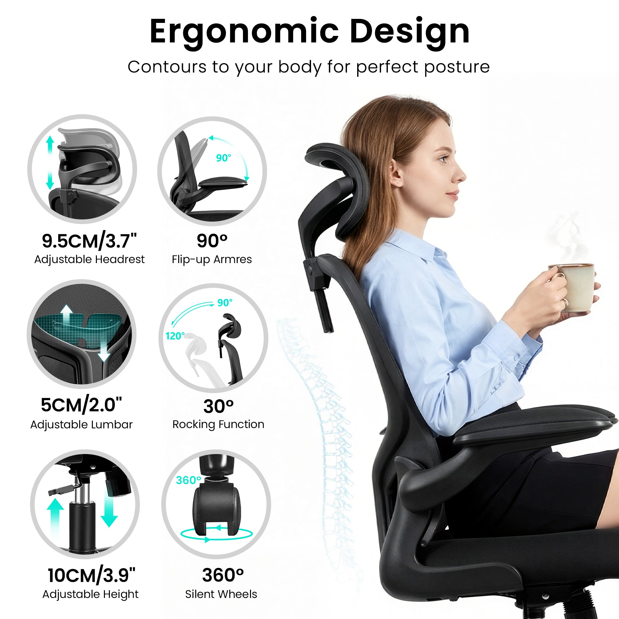 Office Chair Ergonomic Desk Chair with Headrest, High Back Computer with Adjustable Lumbar Support and Wheels,Executive Swivel Comfy with flip-up Armrests for Home Office