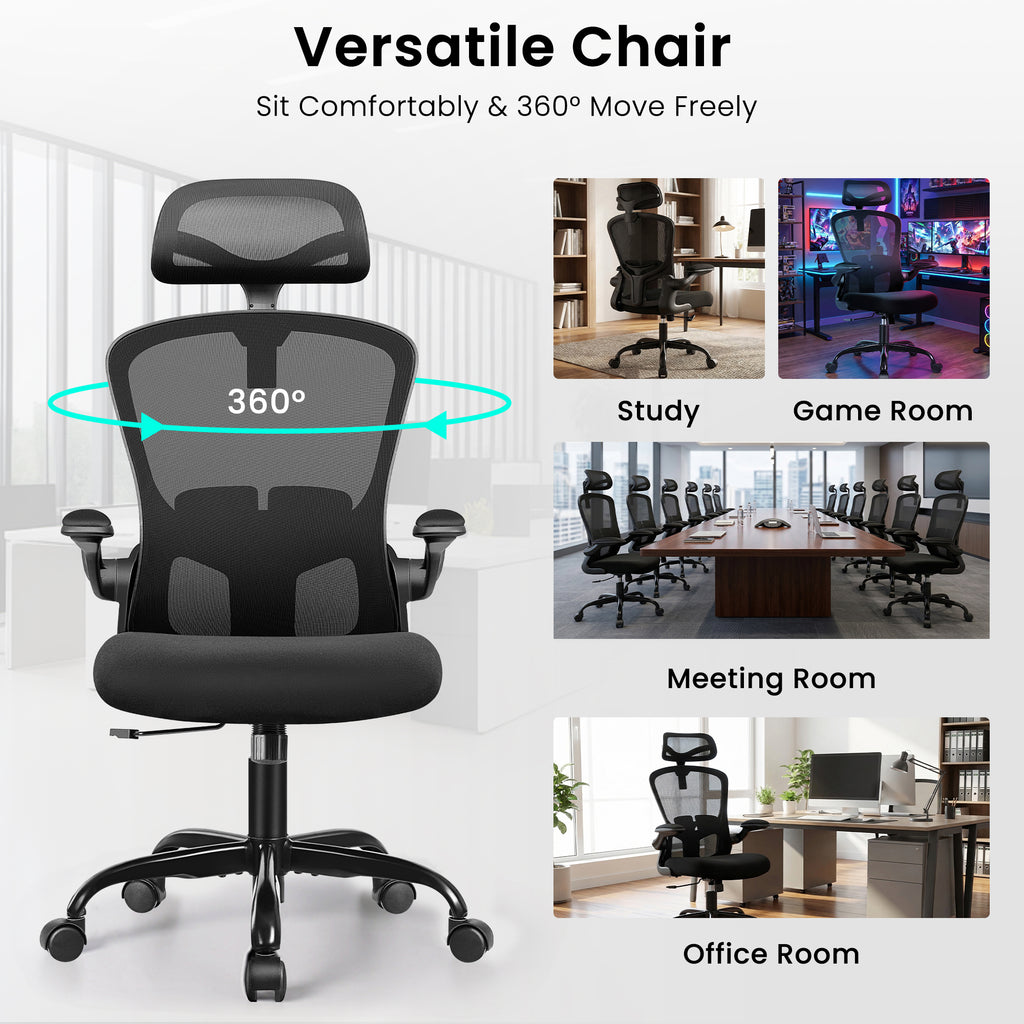 Office Chair Ergonomic Desk Chair with Headrest, High Back Computer with Adjustable Lumbar Support and Wheels,Executive Swivel Comfy with flip-up Armrests for Home Office