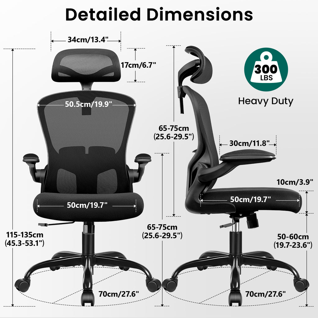Office Chair Ergonomic Desk Chair with Headrest, High Back Computer with Adjustable Lumbar Support and Wheels,Executive Swivel Comfy with flip-up Armrests for Home Office