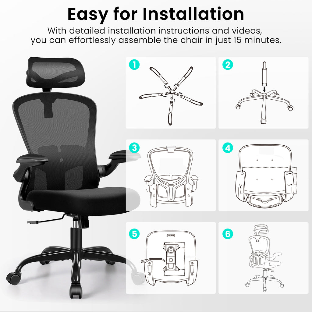 Office Chair Ergonomic Desk Chair with Headrest, High Back Computer with Adjustable Lumbar Support and Wheels,Executive Swivel Comfy with flip-up Armrests for Home Office