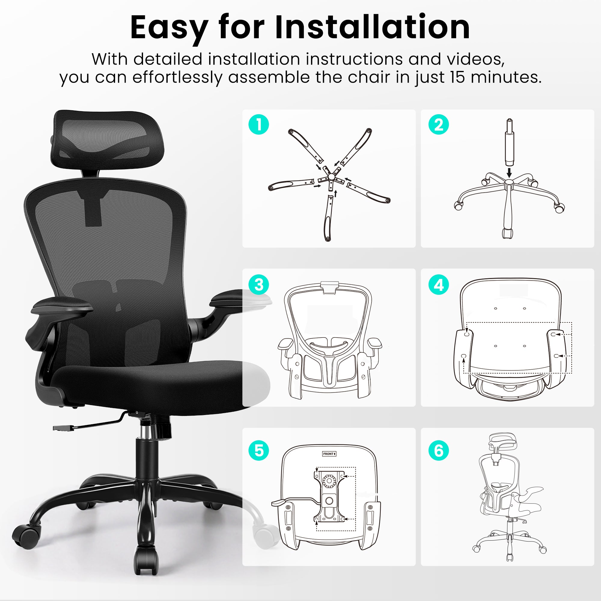 Office Chair Ergonomic Desk Chair with Headrest, High Back Computer with Adjustable Lumbar Support and Wheels,Executive Swivel Comfy with flip-up Armrests for Home Office