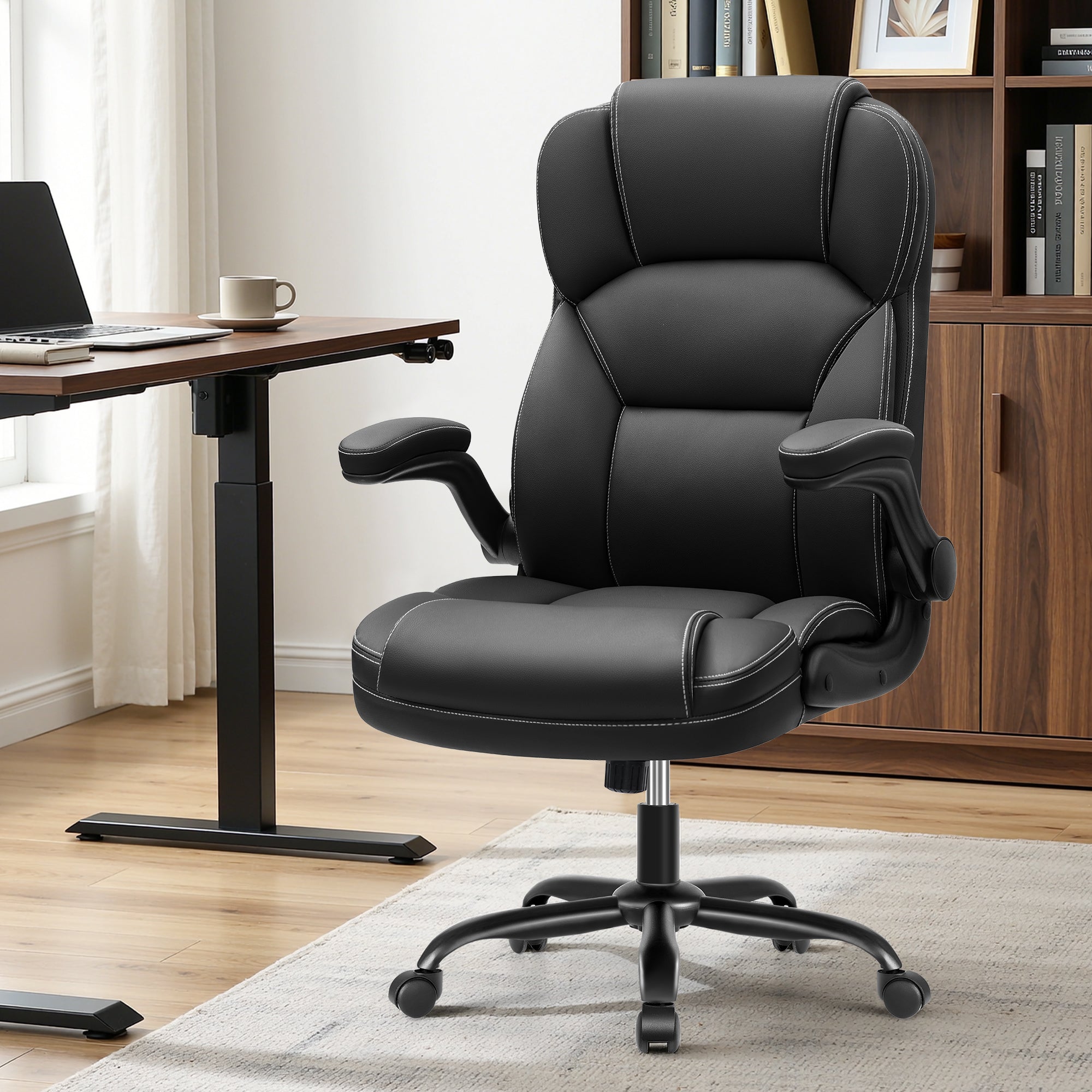 PU Leather Executive Office Chair, Ergonomic High-Back Computer & Gaming Chair with Adjustable Height, Rolling Swivel & Flip-Up Armrests, Comfy Padded Seat for Home Office