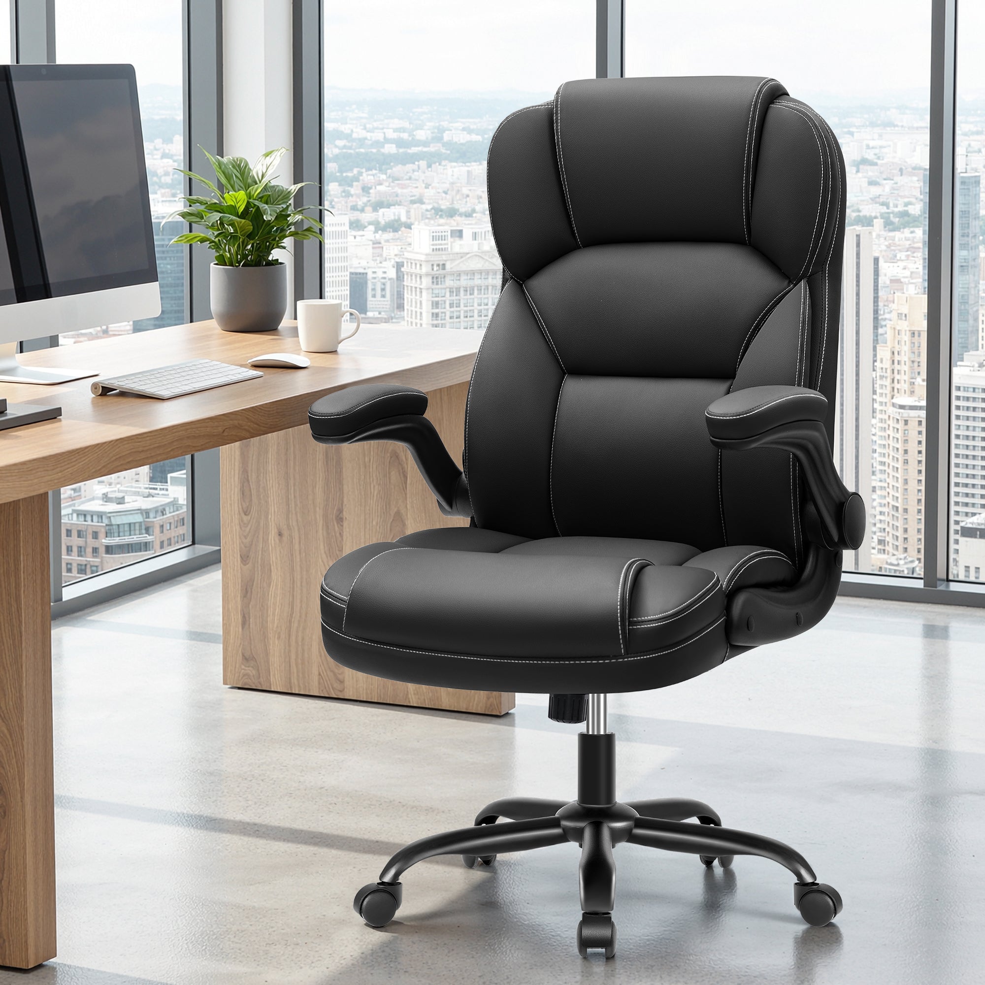 PU Leather Executive Office Chair, Ergonomic High-Back Computer & Gaming Chair with Adjustable Height, Rolling Swivel & Flip-Up Armrests, Comfy Padded Seat for Home Office