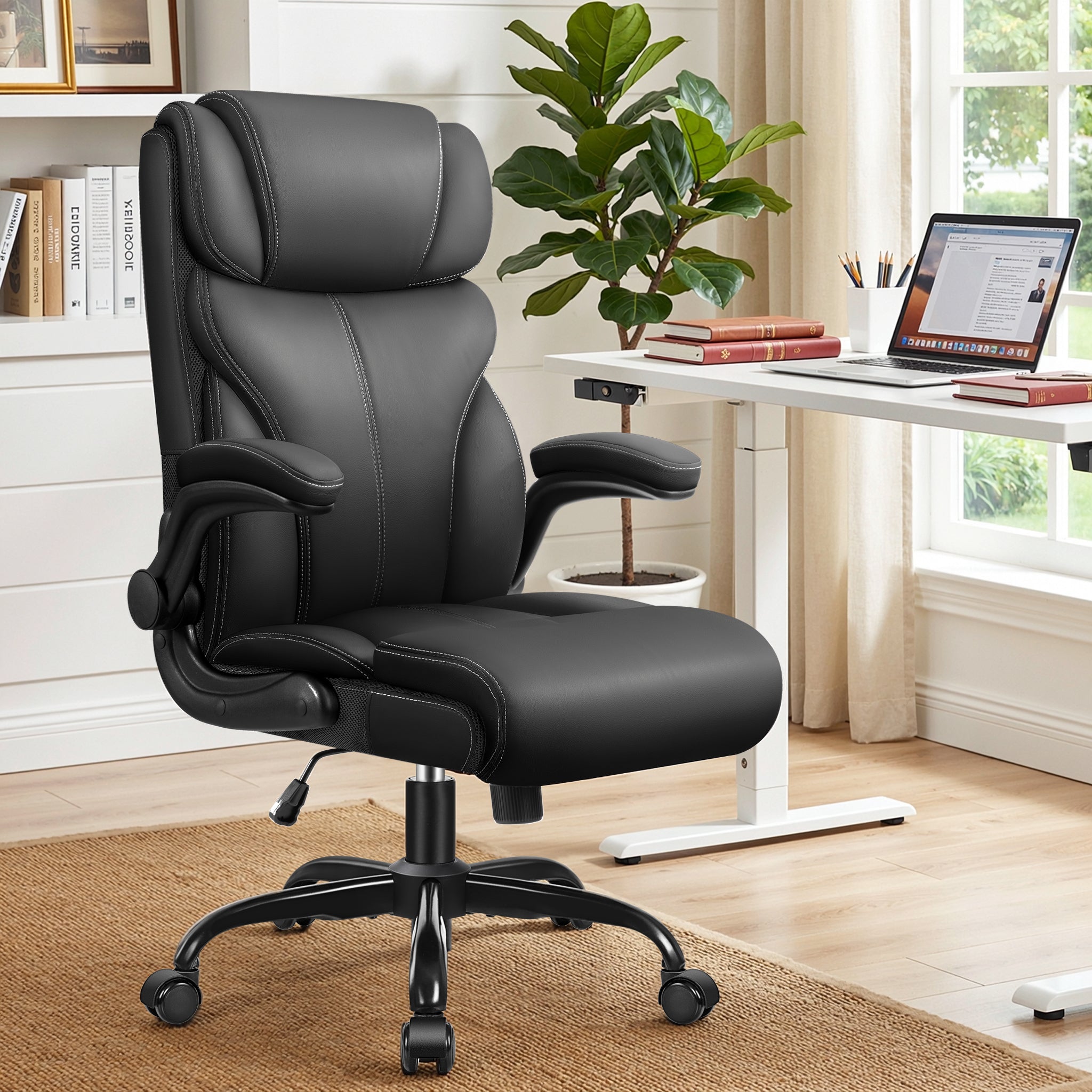Office Chair, Ergonomic Big and Tall Computer Desk Chairs, Executive Breathable Leather Chair with Adjustable Flip-up Armrests, Lumbar Support Swivel PC Chair with Rocking Function