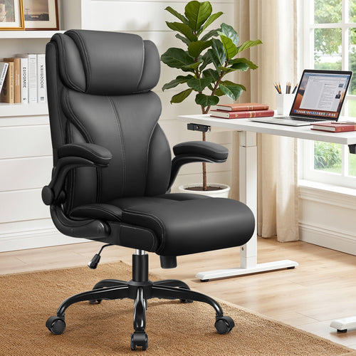 Office Chair, Ergonomic Big and Tall Computer Desk Chairs, Executive Breathable Leather Chair with Adjustable Flip-up Armrests, Lumbar Support Swivel PC Chair with Rocking Function
