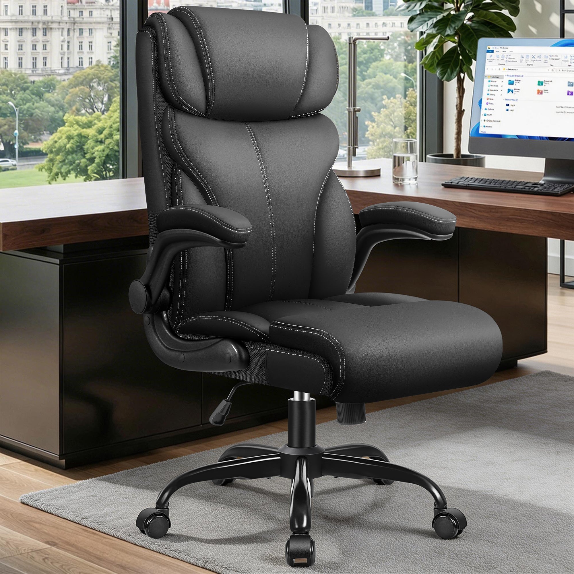 Office Chair, Ergonomic Big and Tall Computer Desk Chairs, Executive Breathable Leather Chair with Adjustable Flip-up Armrests, Lumbar Support Swivel PC Chair with Rocking Function