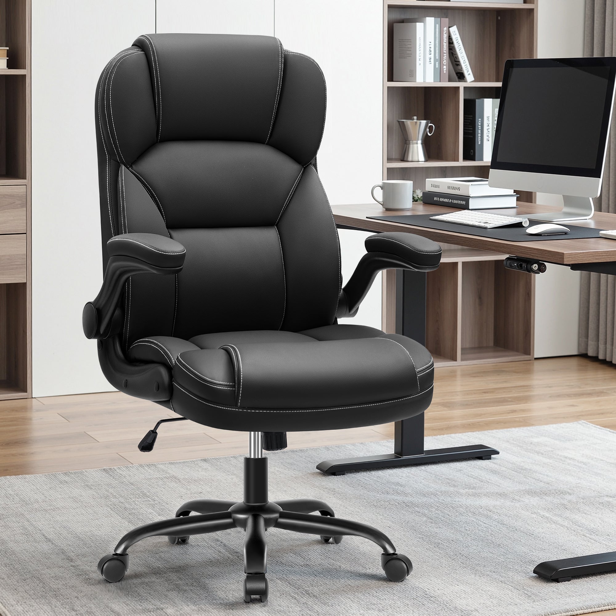 PU Leather Executive Office Chair, Ergonomic High-Back Computer & Gaming Chair with Adjustable Height, Rolling Swivel & Flip-Up Armrests, Comfy Padded Seat for Home Office