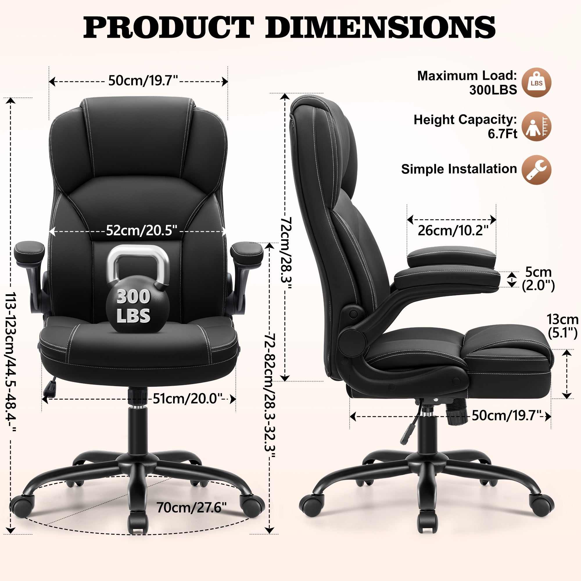 PU Leather Executive Office Chair, Ergonomic High-Back Computer & Gaming Chair with Adjustable Height, Rolling Swivel & Flip-Up Armrests, Comfy Padded Seat for Home Office