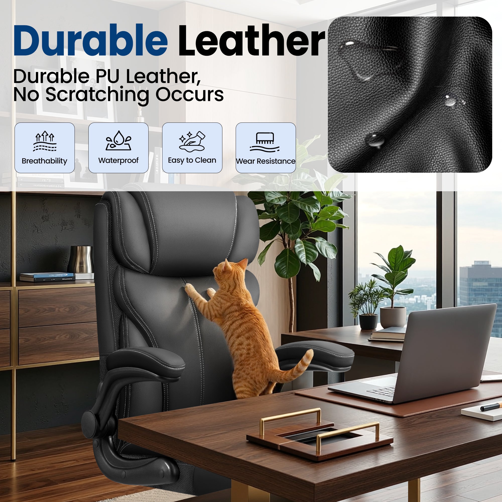 Office Chair, Ergonomic Big and Tall Computer Desk Chairs, Executive Breathable Leather Chair with Adjustable Flip-up Armrests, Lumbar Support Swivel PC Chair with Rocking Function