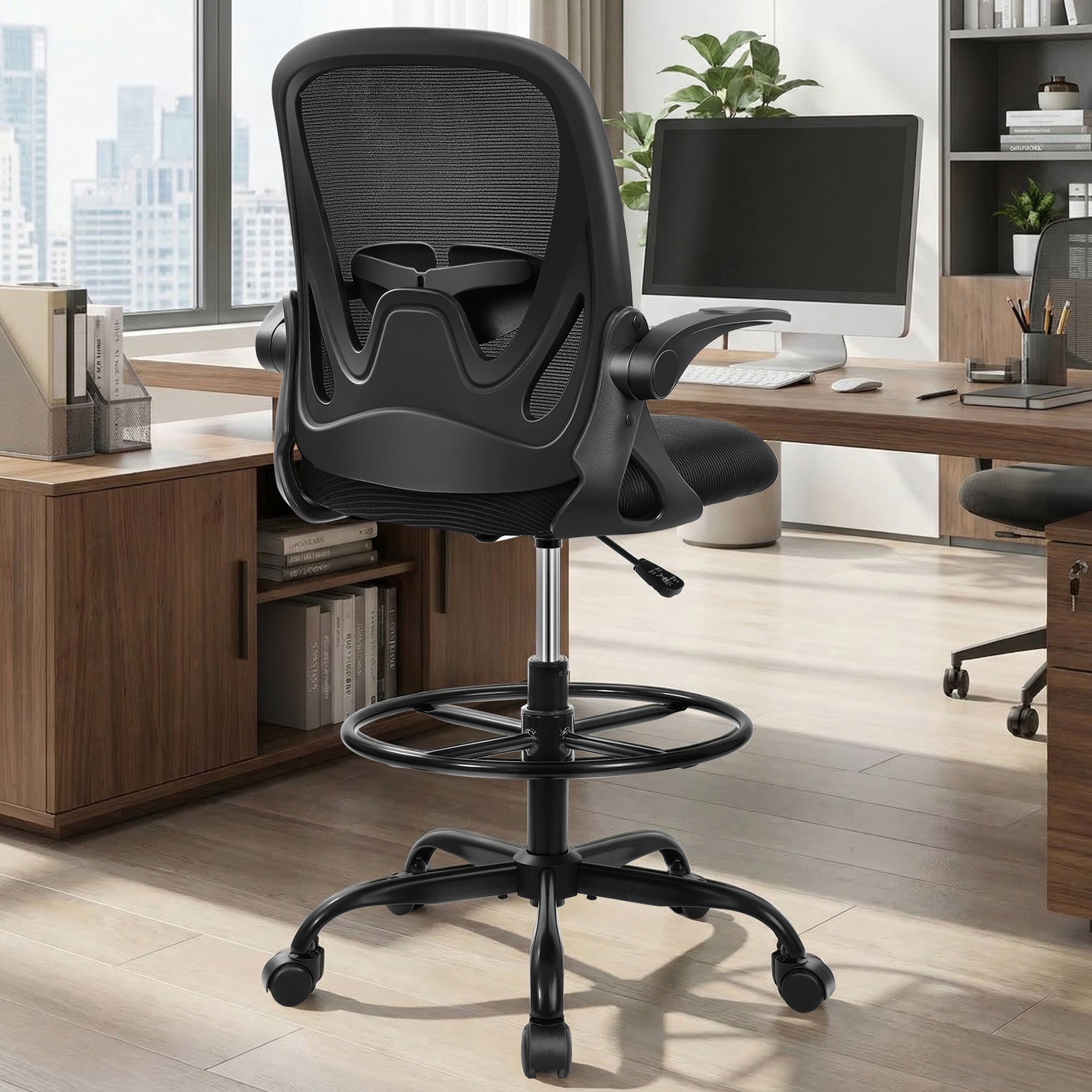 Drafting Chair Tall Office Chair with Flip-up Armrests Executive Ergonomic Computer Standing Desk Chair with Lumbar Support and Adjustable Footrest Ring