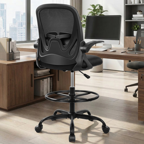 Drafting Chair Tall Office Chair with Flip-up Armrests Executive Ergonomic Computer Standing Desk Chair with Lumbar Support and Adjustable Footrest Ring