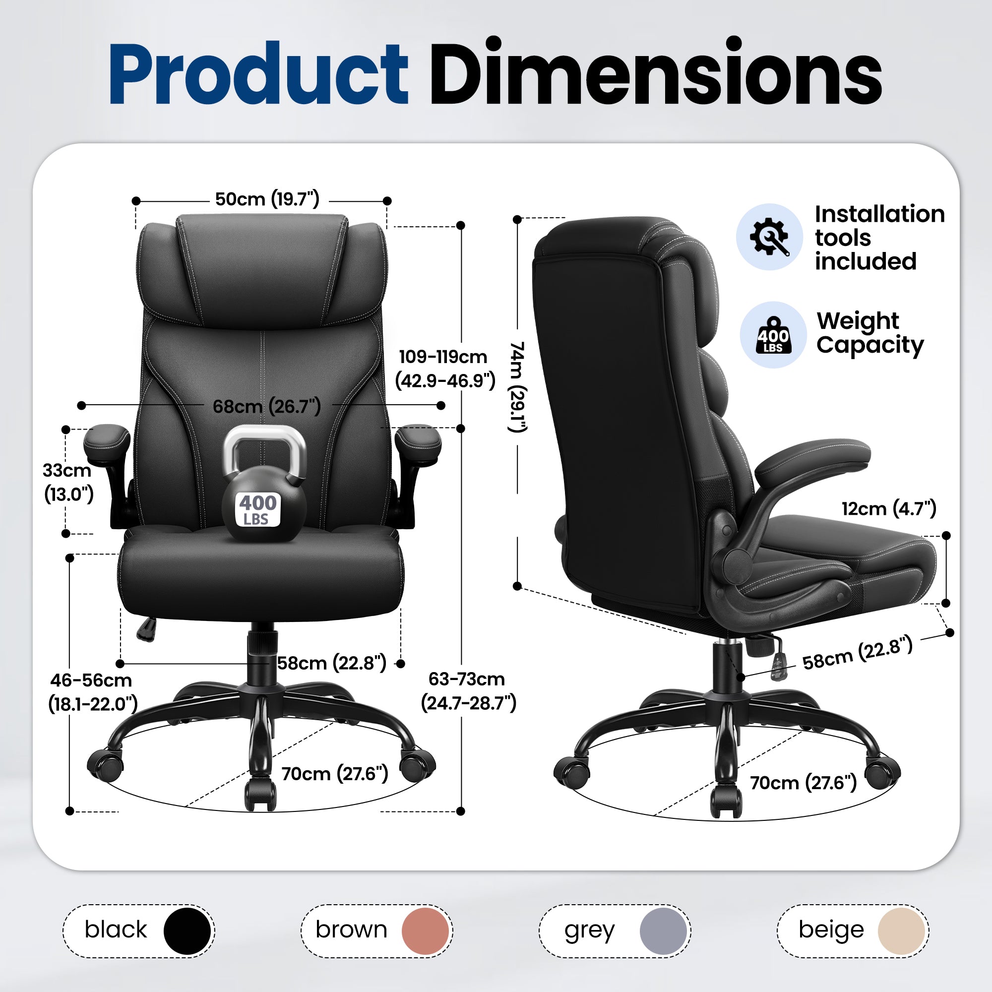 Office Chair, Ergonomic Big and Tall Computer Desk Chairs, Executive Breathable Leather Chair with Adjustable Flip-up Armrests, Lumbar Support Swivel PC Chair with Rocking Function