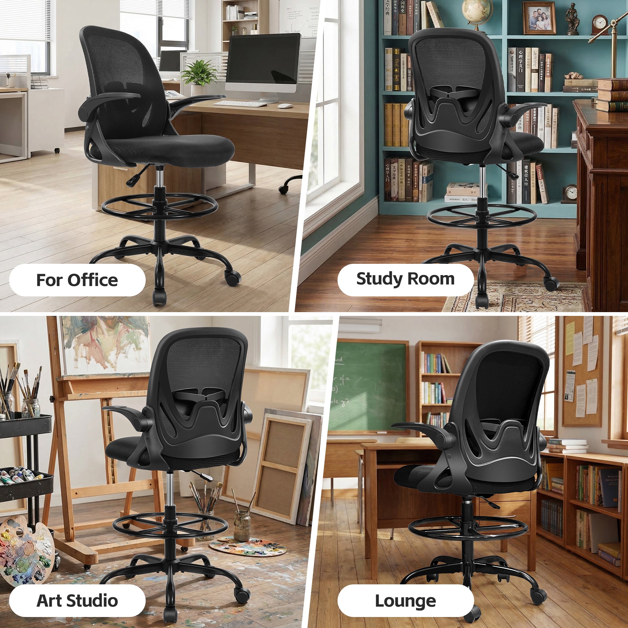 Drafting Chair Tall Office Chair with Flip-up Armrests Executive Ergonomic Computer Standing Desk Chair with Lumbar Support and Adjustable Footrest Ring