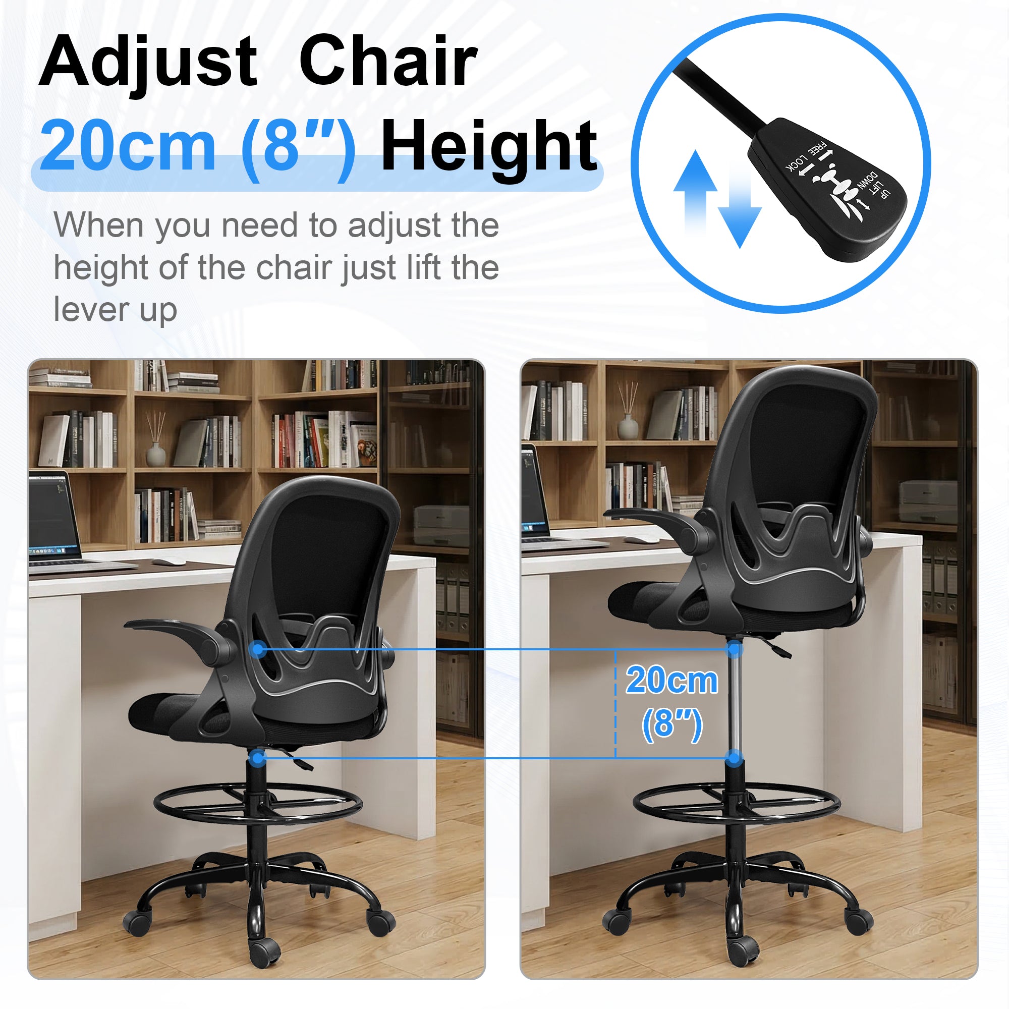 Drafting Chair Tall Office Chair with Flip-up Armrests Executive Ergonomic Computer Standing Desk Chair with Lumbar Support and Adjustable Footrest Ring