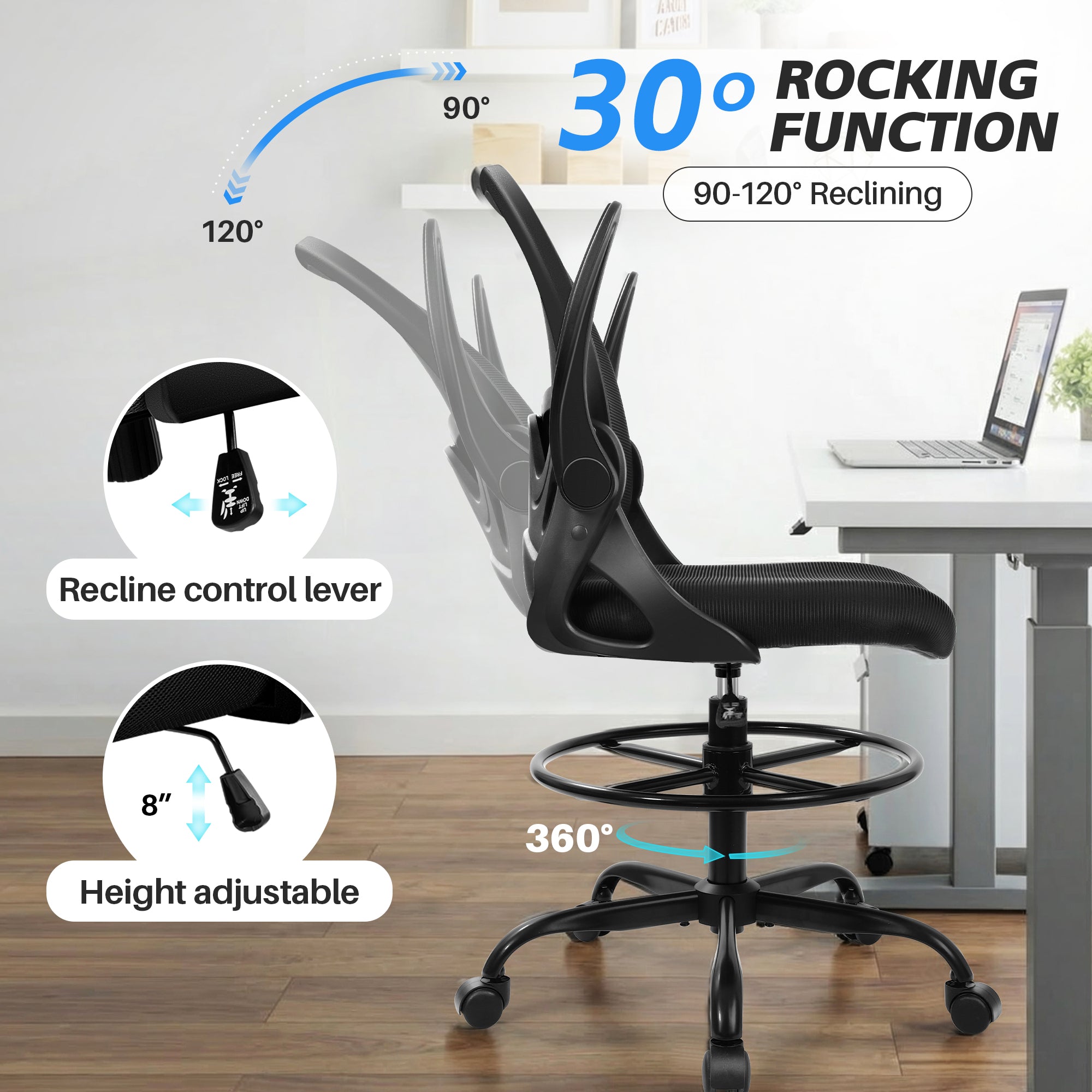 Drafting Chair Tall Office Chair with Flip-up Armrests Executive Ergonomic Computer Standing Desk Chair with Lumbar Support and Adjustable Footrest Ring
