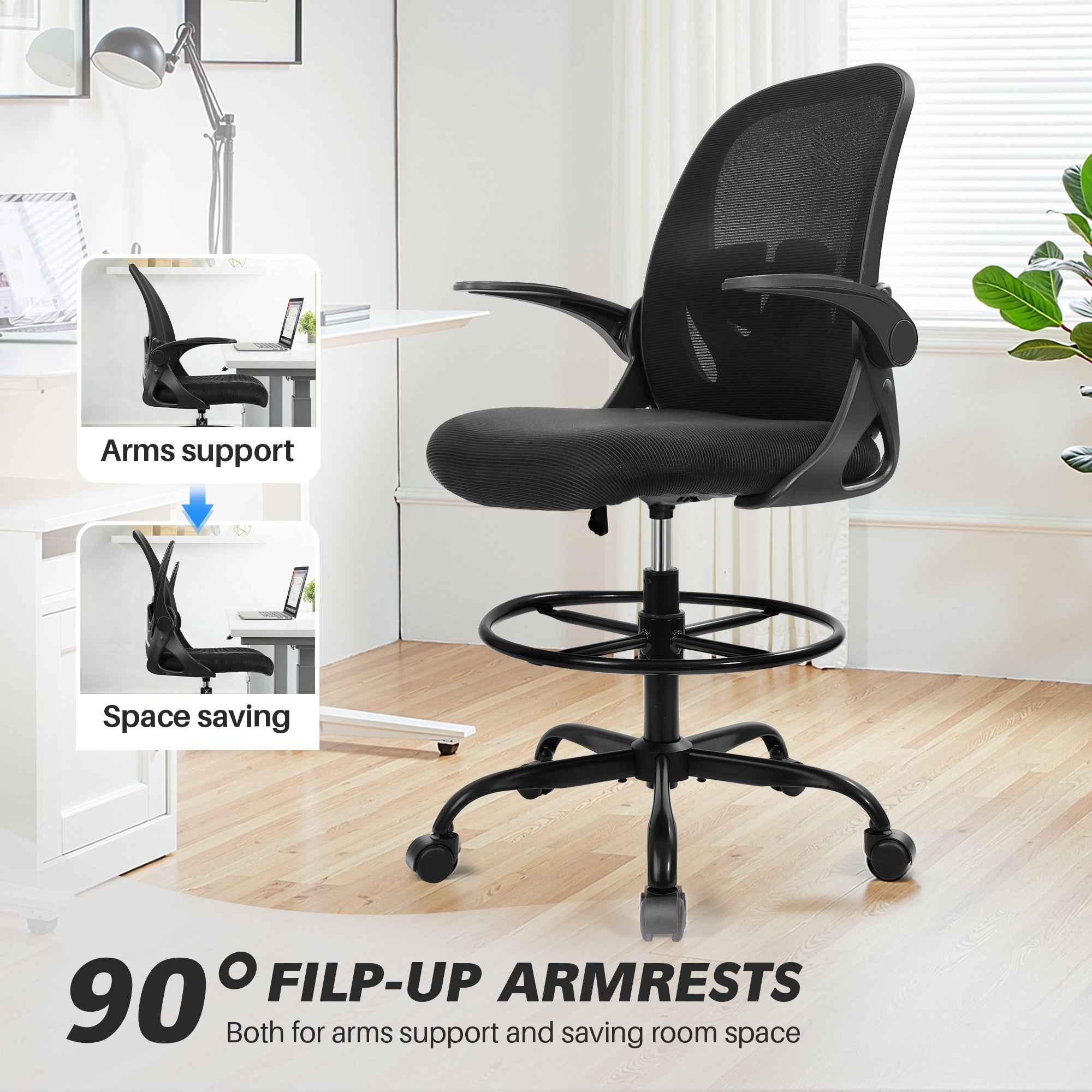Drafting Chair Tall Office Chair with Flip-up Armrests Executive Ergonomic Computer Standing Desk Chair with Lumbar Support and Adjustable Footrest Ring